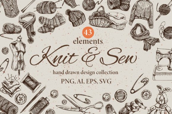 Download Knitting and Sewing Sketch Clipart Set - Art Collection
