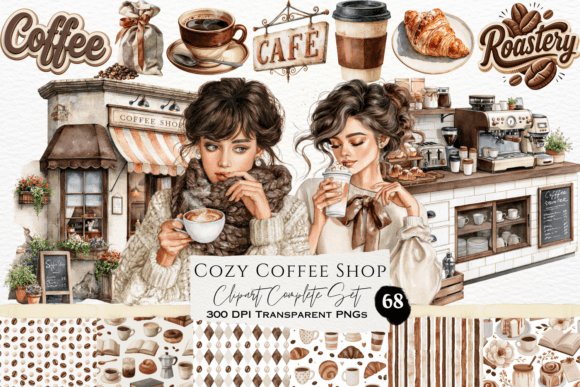 Download Cozy Coffee Shop Watercolor Clipart Set - Art Collection