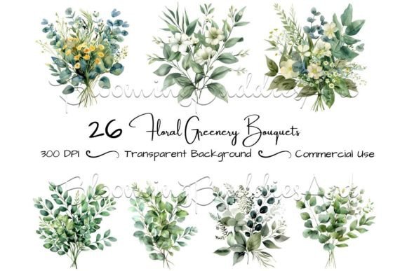 Download 26 Floral Bouquets Greenery Clipart Set - Green Collection