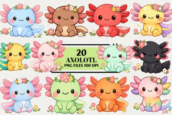 Download Kawaii Axolotl Floral Clipart Bundle - Art Collection